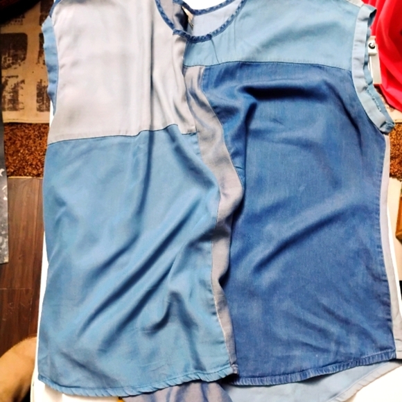 Women's Cato Sleeveless Blue Jean Color Block 100% Tencel High Low Hem Tunic 28W - Picture 1 of 13